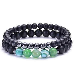 Gros plan de perles noires mates et d'agate rayée verte sur bracelets élastiques