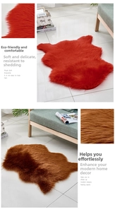 Detail view of plush faux fur carpets in red and brown with irregular animal shape