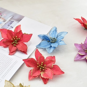 Glitter poinsettia artificial flowers in red blue gold for Christmas tree decoration