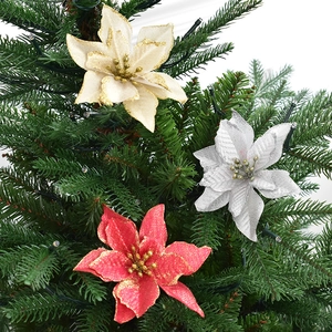 Poinsettia Christmas tree flowers with gold glitter in red, silver, and beige