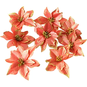 Red 13cm Christmas poinsettia flowers with gold glitter accents for holiday tree decor