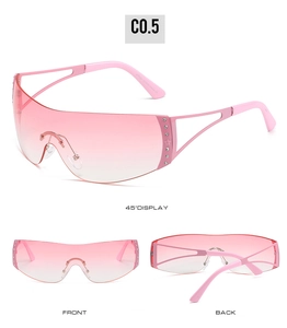 Pink rimless wrap sunglasses with rhinestones shown in front, back and side views