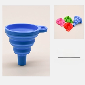 Collapsible silicone funnel set in blue, pink, and green colors for kitchen use
