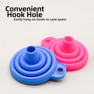 Collapsible silicone funnel with space-saving hanging hole in blue and pink colors