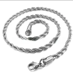 Detail view of the silver stainless steel rope chain showing the twist texture and lobster clasp