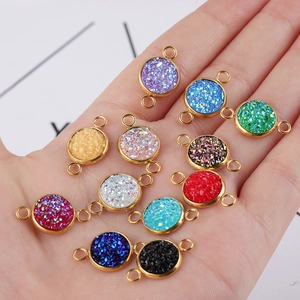 10mm gold-plated stainless steel double-loop connectors with colorful glitter resin druzy