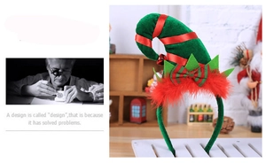 Detail of Christmas elf headband with green velvet hat, red feathers and jingle bells