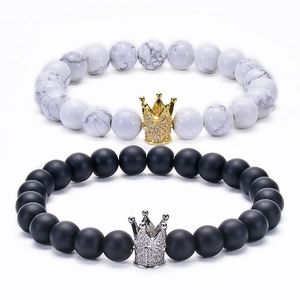 Natural White Turquoise And Matte Agate Beaded Bracelets Copper Crown Cubic Zirconia For Couples Fashion Jewelry