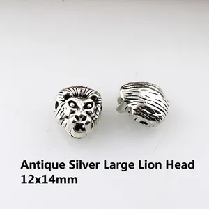 Detailed macro view of 12x14mm antique silver lion head charm bead for DIY bracelets