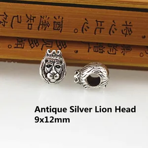 Detailed macro view of 9x12mm antique silver lion head charms with crown for jewelry making
