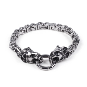 Men's stainless steel king chain bracelet with double lion heads and punk rocker style