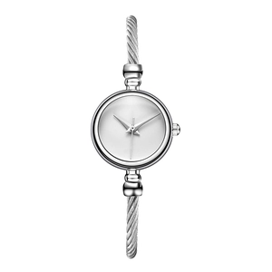Close-up of women's silver quartz watch with a unique twisted steel cable strap
