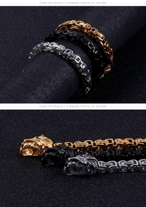 Detail of three-color Byzantine stainless steel bracelets with lion head clasp closure