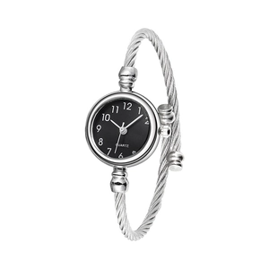 Elegant women's silver cable bracelet quartz watch with a sleek black round dial