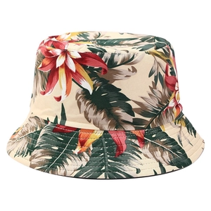 Tropical floral print bucket hat in beige with red and orange summer patterns
