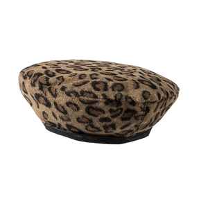Minimalist leopard print beret with black leather trim for women shown on white background