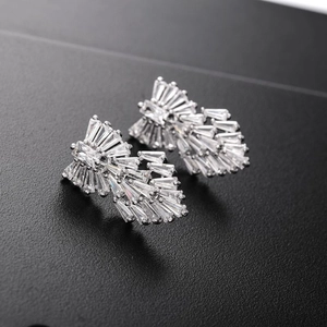 Silver baguette-cut zircon stud earrings in a radial fan shape for elegant bridal jewelry