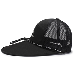 Men's outdoor sun hat in black with wide brim, mesh breathability and windproof cord