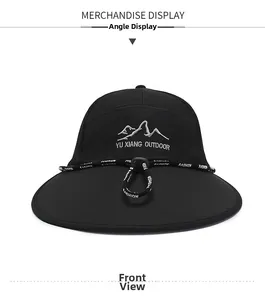 Front view of black outdoor sun hat with mountain embroidery and adjustable chin strap