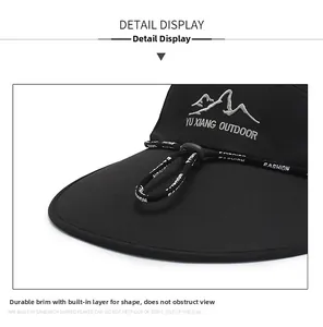 Detail of sturdy wide brim sun hat with reinforced layers and embroidered outdoor logo
