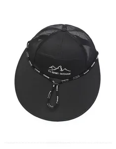 Top view of black wide brim outdoor sun hat featuring mesh ventilation and adjustable strap