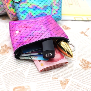Holographic fish scale pattern zipper coin purse with purple laser finish for cards
