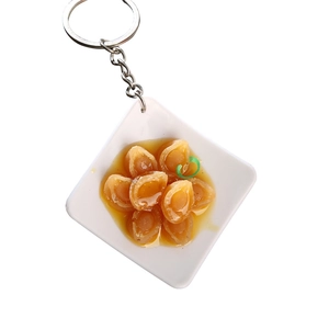 Realistic seafood abalone food model keychain with white plate and metal ring