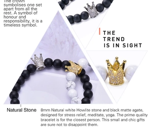 Detailed macro view of 8mm white turquoise and matte onyx beads with a zircon crown charm