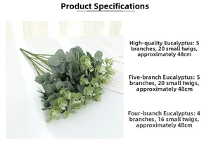 Detailed view of artificial eucalyptus leaves showing 48cm height and branch specifications