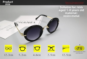 Size chart for kids round sunglasses showing dimensions and material for ages 1-8