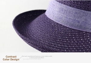 Detailed macro view of the dark purple straw hat featuring a delicate contrast lace trim