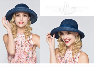 Detail of dark blue wide brim straw sun hat with matching ribbon for summer outdoor travel