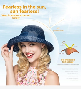 Detail of navy blue wide brim straw sun hat with ribbon trim and UV protection