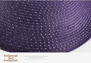 Detailed macro view of deep purple sun hat with fine UV protection weave texture