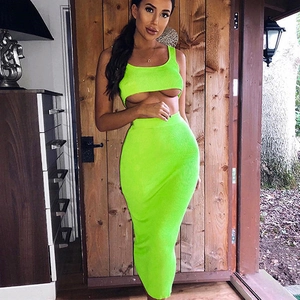 Women Sexy Ribbed Knit Sleeveless Crop Top And High Waist Bodycon Maxi Skirt Solid Color Clubwear Outfits