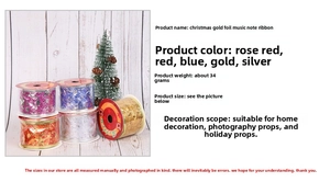 Detail showing five metallic Christmas ribbons in rose, red, blue, gold and silver