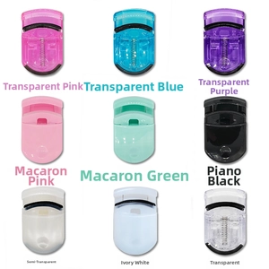 Mini plastic eyelash curler detail view, portable makeup tool, various color variants display.