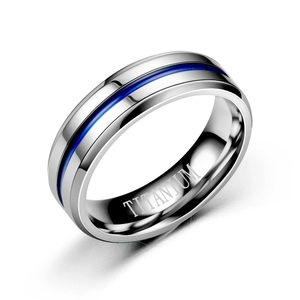 Polished titanium steel ring with blue center inlay and titanium engraving for men