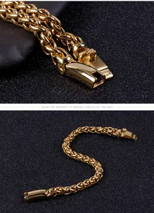 Detailed view of golden wheat chain bracelet featuring a secure box clasp and safety lock