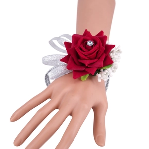 Red velvet rose bridal wrist corsage with crystal accent and silver ribbon for weddings