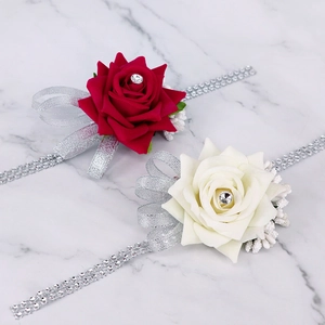 Deep red and cream white bridal wrist corsages with crystal beads for wedding parties