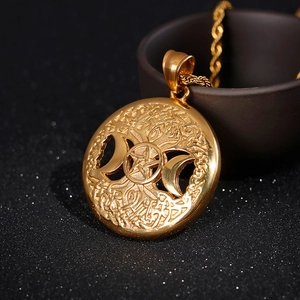 Golden Tree of Life necklace with Triple Moon and Pentagram pendant in mystical style