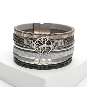 Multilayer Leather Wrap Bracelet With Life Tree Charm Artificial Pearls Bohemian Vintage Cuff Jewelry For Women