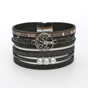 Detail of vintage leather wrap bracelet featuring Tree of Life charm and engraved quotes