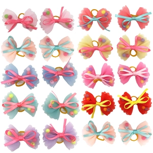 Pet Bow Hair Accessories Mesh Gauze Hair Clips With Colorful Beads Elastic Band Valentine Day Puppy Cat Grooming Headwear