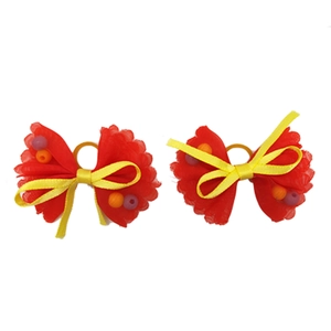 Red and yellow Valentine's Day pet hair bows with beads and elastic bands for dogs