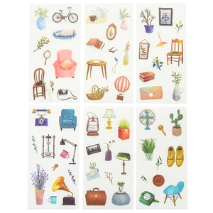 6-sheet set of vintage style hand-drawn stickers featuring retro furniture and botanicals