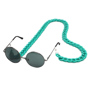 Detail of aqua green acrylic chunky chain attached to retro grey round sunglasses