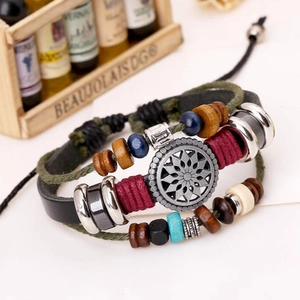Retro multi-layer leather bracelet with turquoise evil eye and sunflower charms