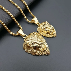 Gold plated hip hop lion head pendant necklace with diamonds on box chain link